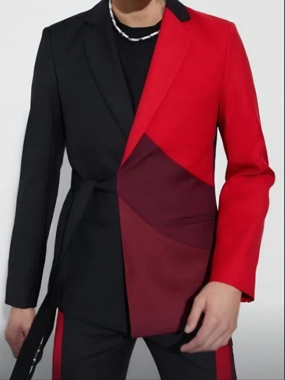 boohooMAN Slim Fit Colour Block Belted Suit Set Black & Red Love Island 36R 30R